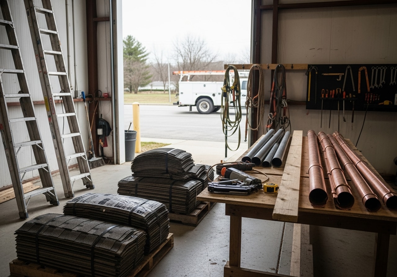 Professional roofing crew with tools and equipment ready for exterior home renovation work.