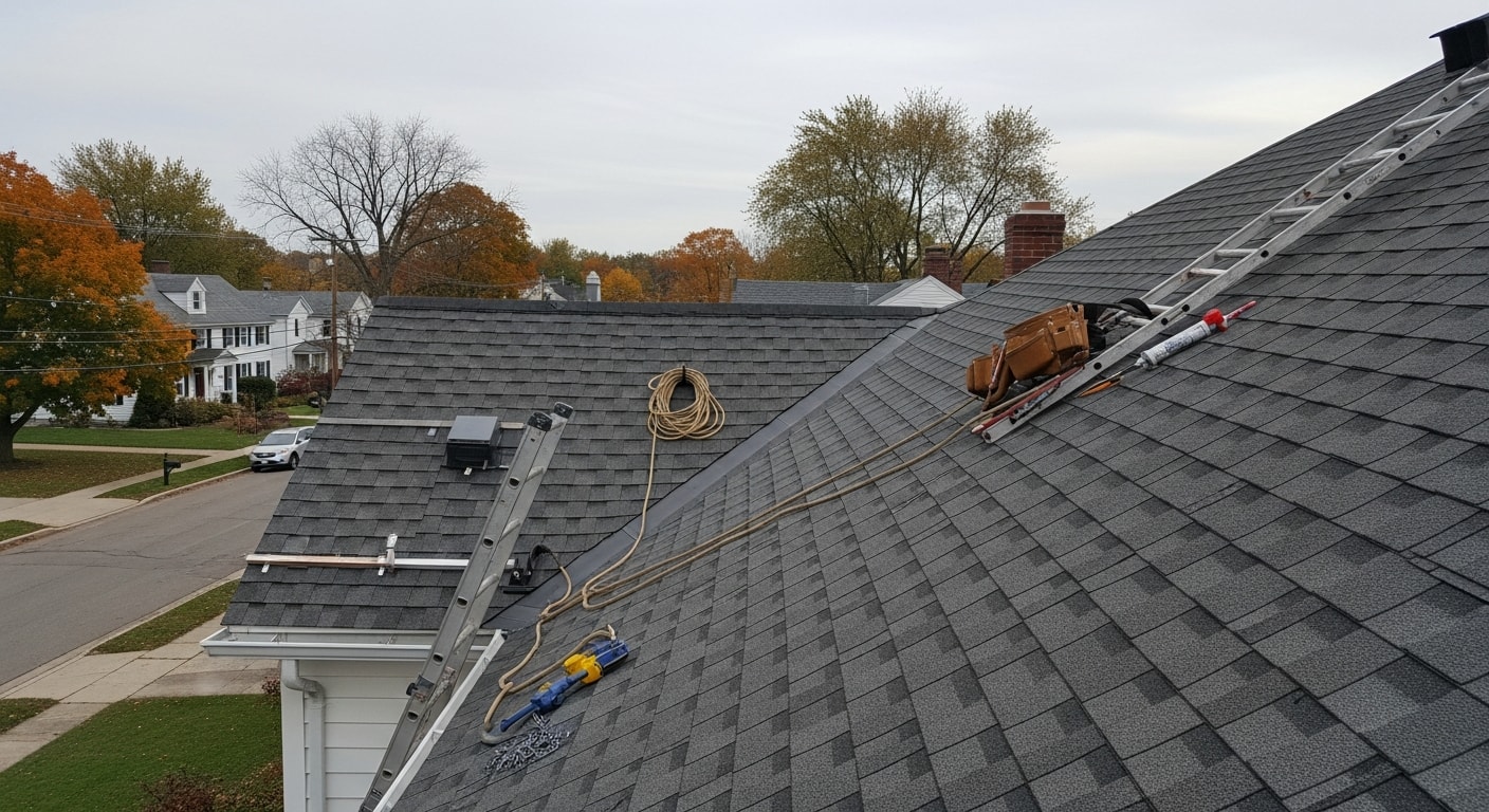 Roofer installing new shingles on residential home
