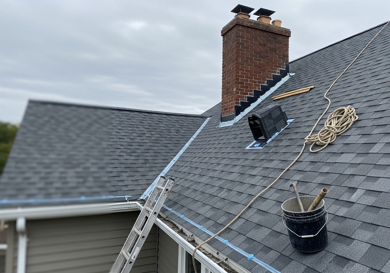 Storm-damaged roof section repaired with new shingles in Utica NY