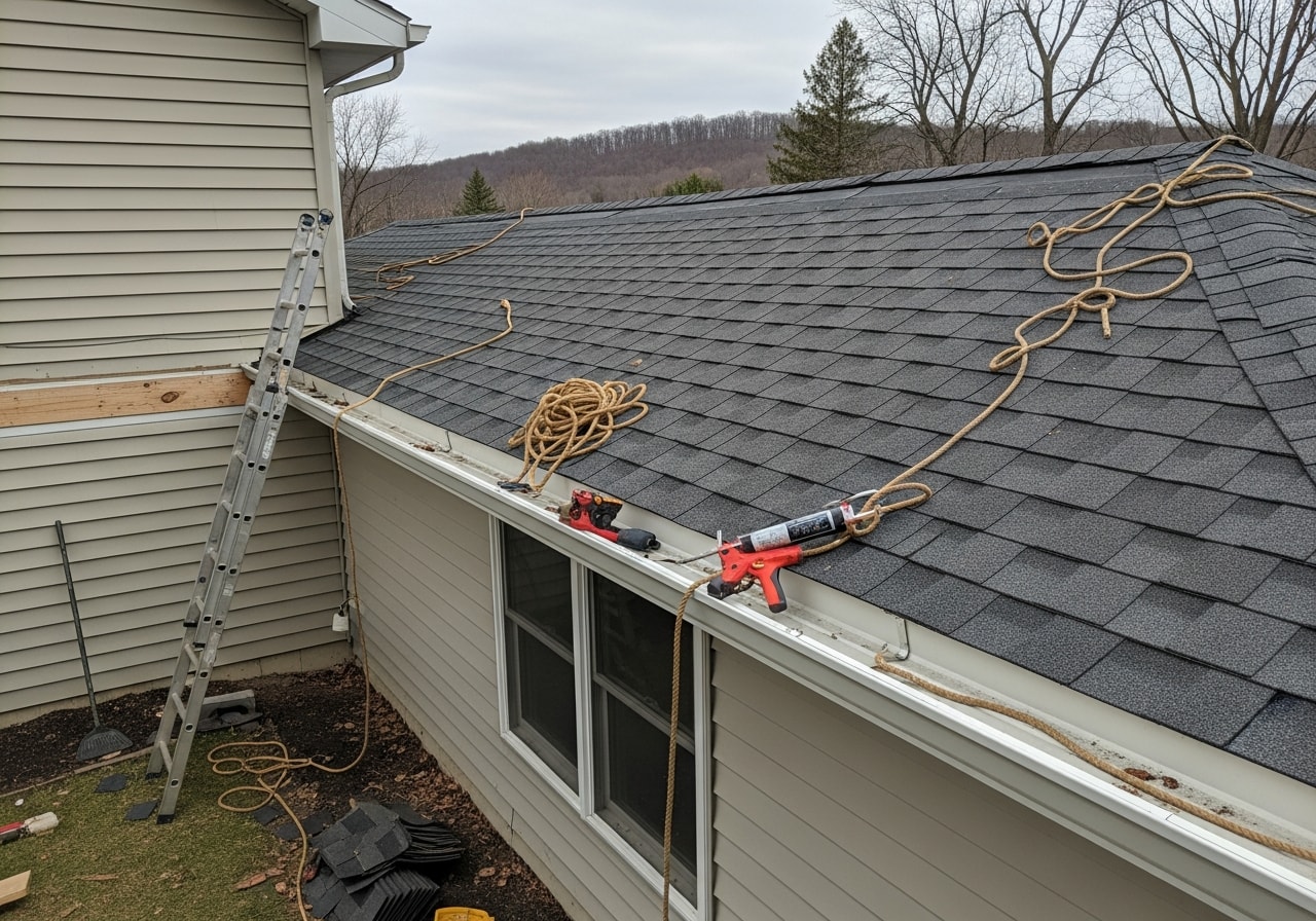 Roof repair and new gutter installation on home in Little Falls NY