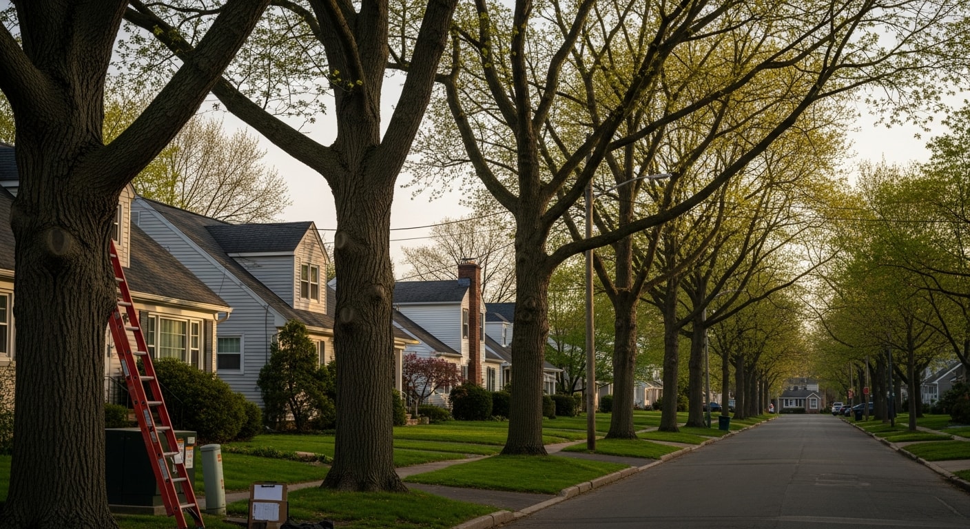 A residential street in Rome, NY with well-maintained homes and mature trees lining the sidewalk.