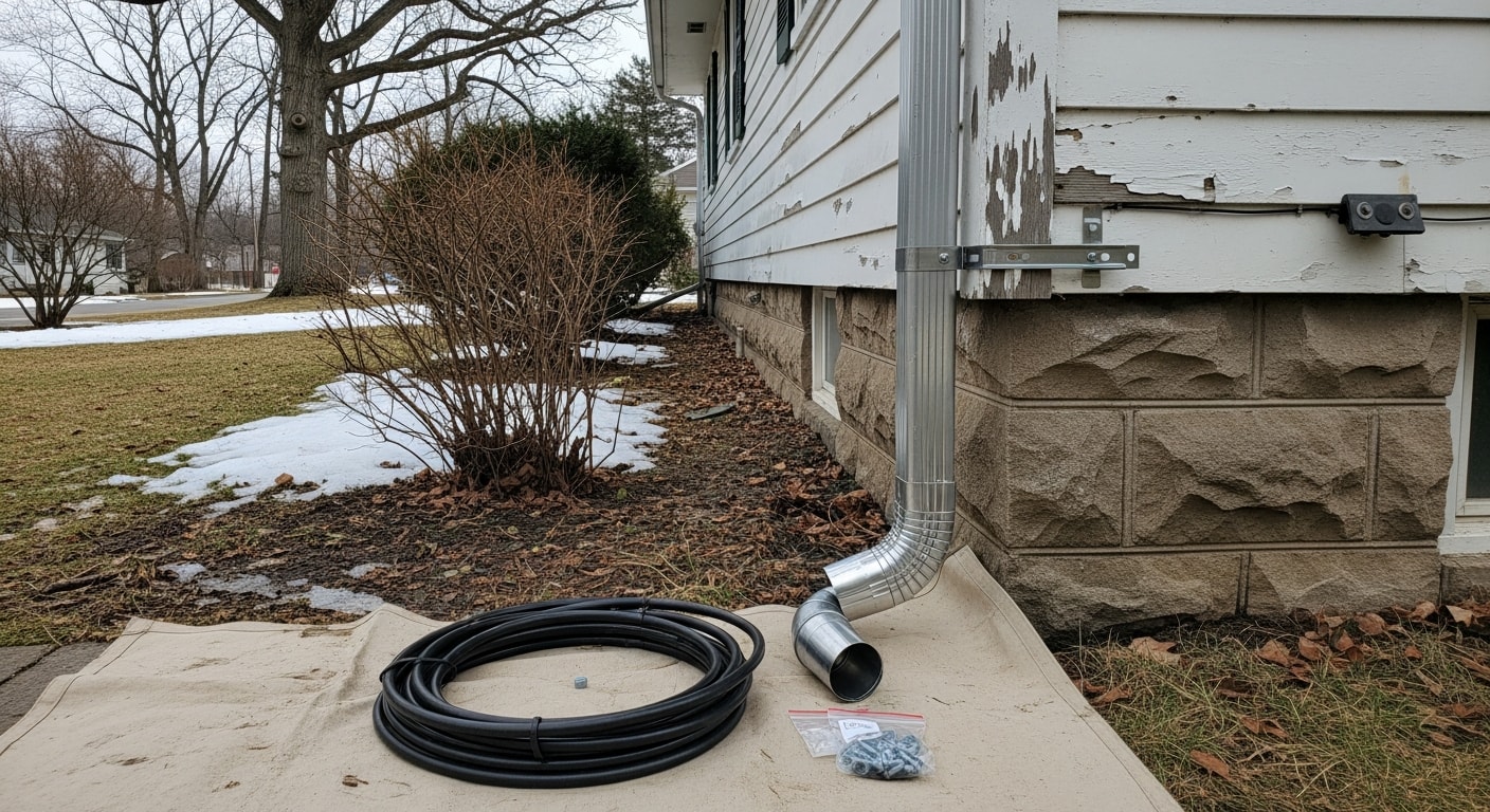 A newly installed downspout on a single-family home in Rome, NY, directing water away from the foundation along the exterior wall. The downspout extends at the base to discharge water onto a splash block set away from the home.