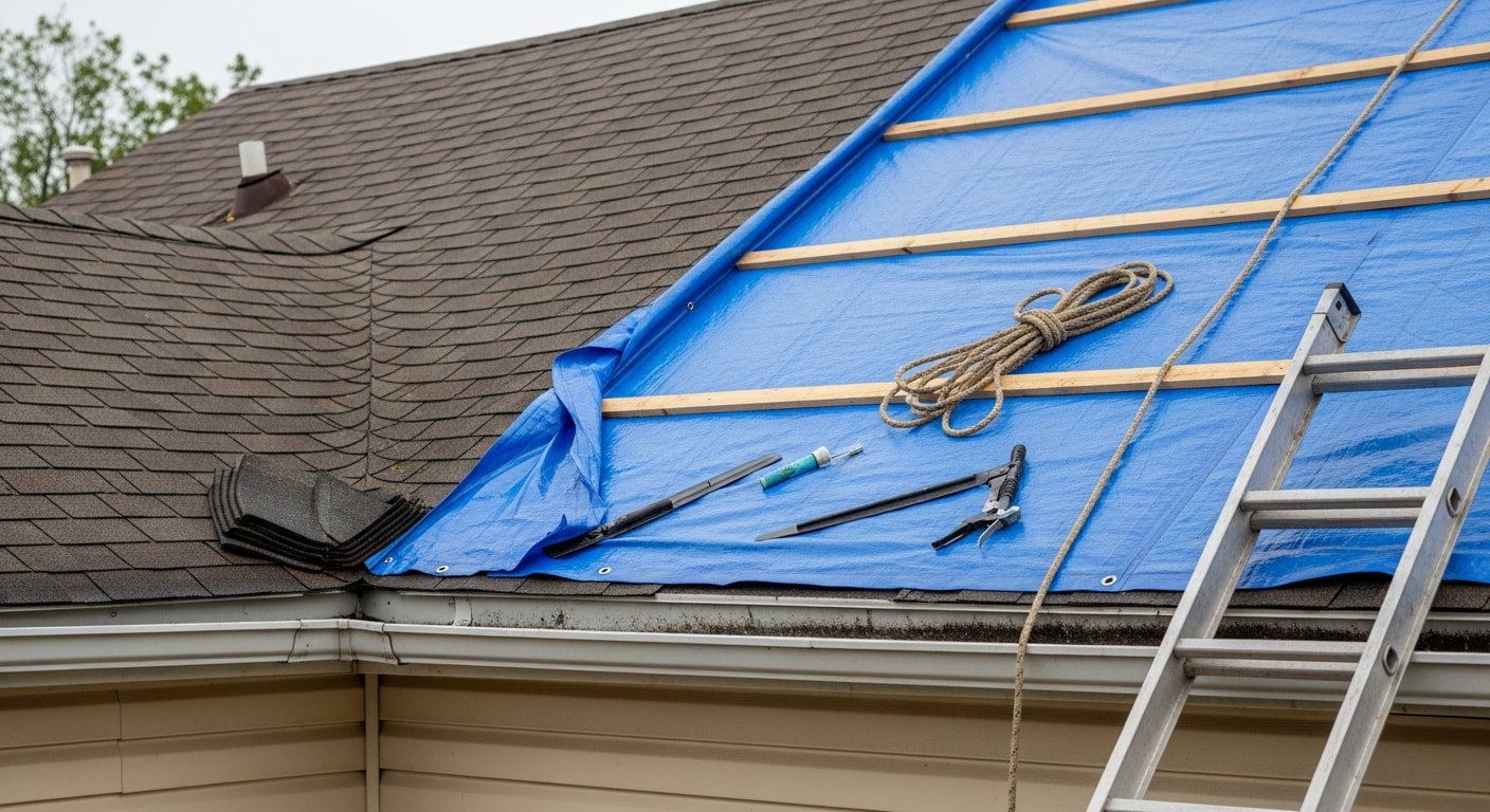 A Rome, NY residential home with visible storm damage including displaced shingles and an exposed roof deck following a high-wind weather event. A roofing contractor from 2nd Chance Roofing LLC secures a protective tarp over the damaged section to stop water intrusion.
