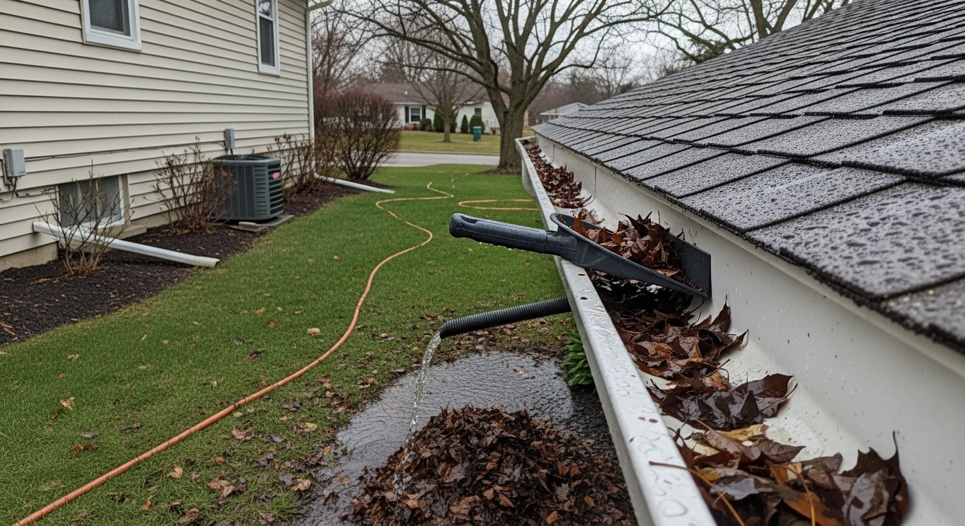 A gutter cleaning technician removing packed leaf debris and sediment from the gutters of a single-family home in Rome, NY. Cleared downspouts and clean gutter channels are visible along the roofline after service.