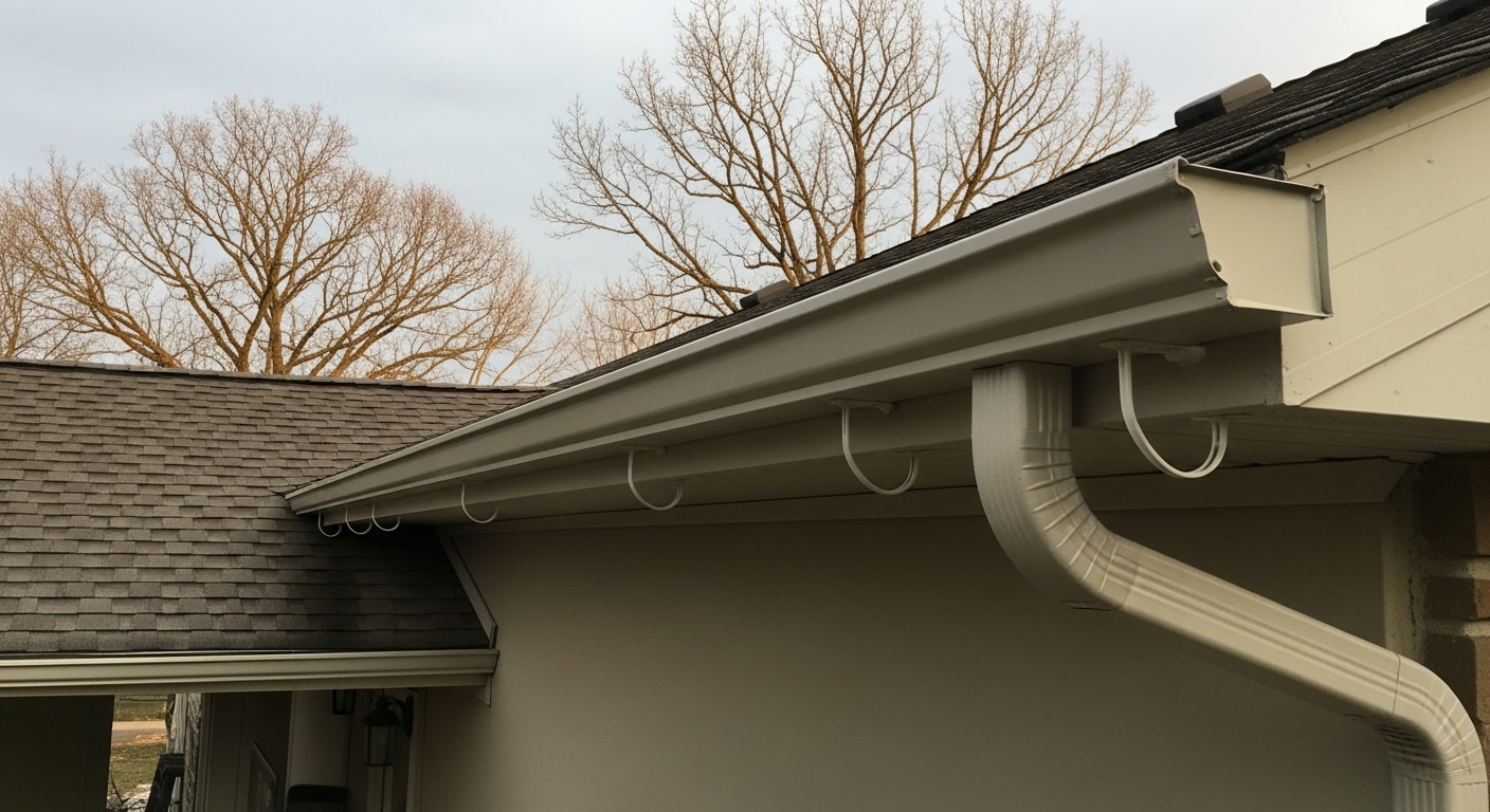 Newly installed gutters and downspouts running along the roofline of a single-family home in Rome, NY. The gutter system is secured to the fascia with visible hangers, and a downspout directs water away from the home's foundation.