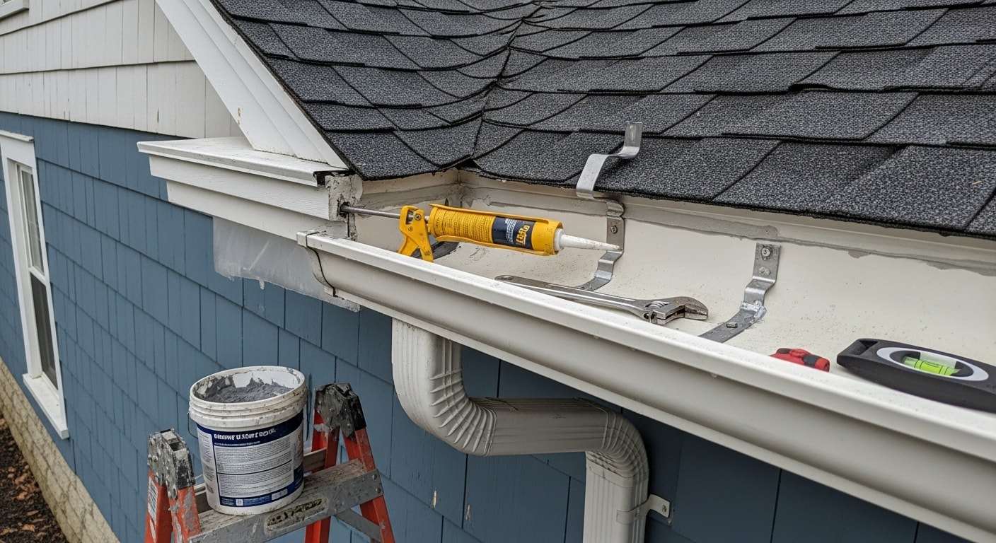 A repaired residential gutter system on a single-family home in Rome, NY, with resealed joints and properly pitched sections draining water away from the foundation. Close-up view shows a secured gutter hanger and clean downspout against a wood-sided exterior.