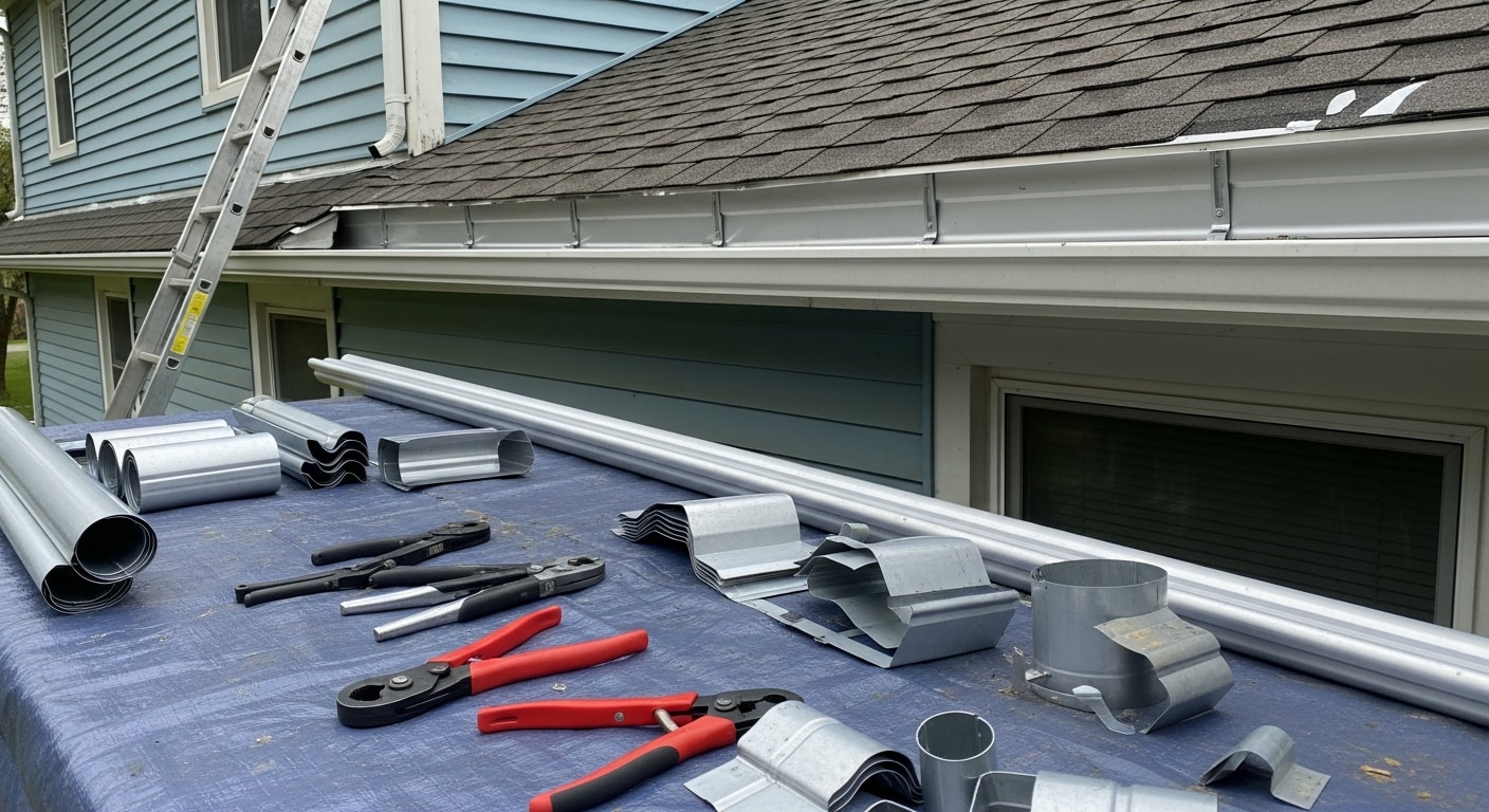 New gutters installed along the roofline of a single-family home in Rome, NY, with downspouts directed away from the foundation. Close view shows clean fascia attachment and properly pitched gutter channel on a mid-century residential property.