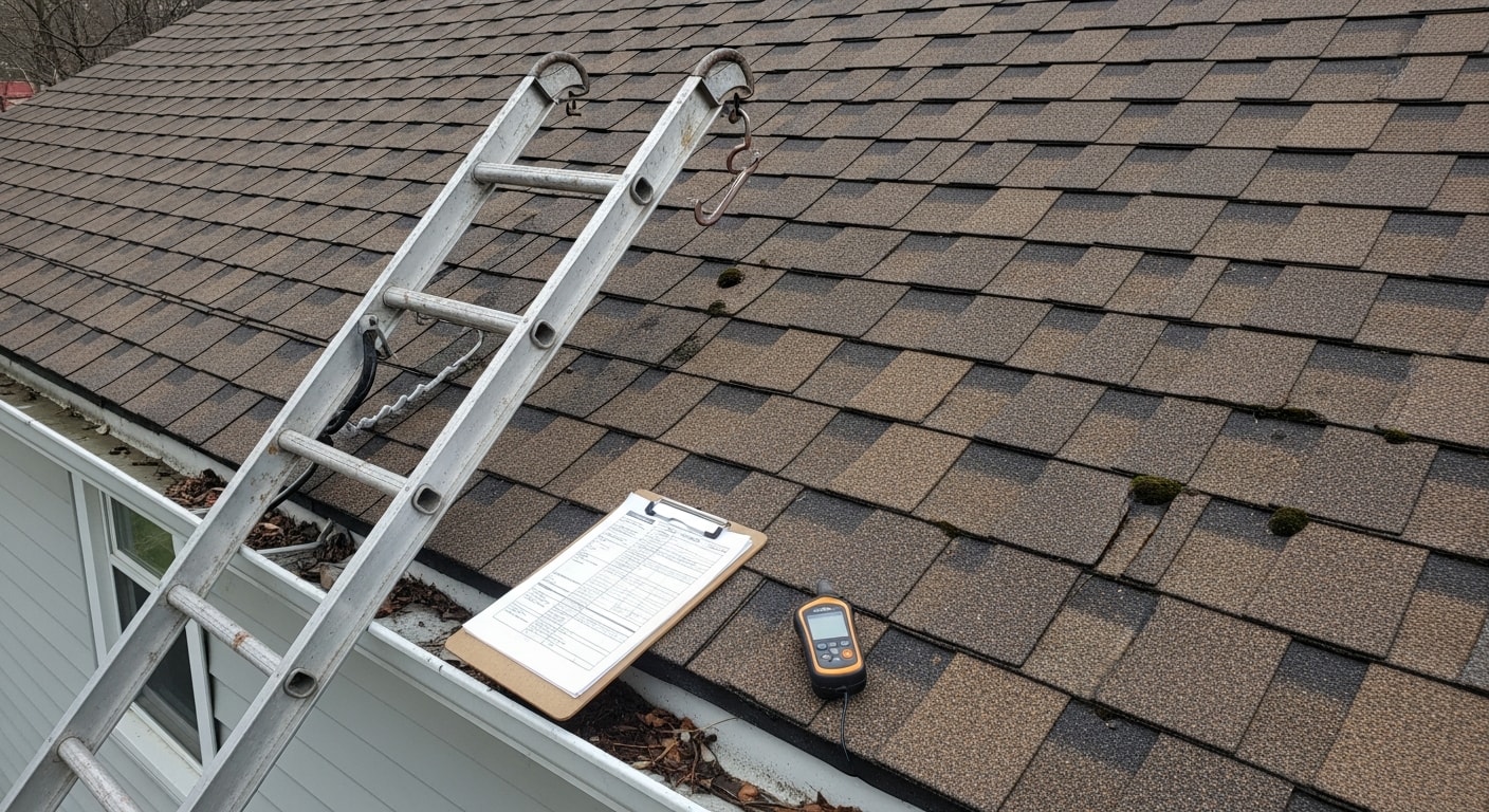 A 2nd Chance Roofing LLC contractor inspecting the shingle field and flashing on a residential roof in Rome, NY. Close-up view shows the inspector documenting wear and storm damage on an older single-family home.