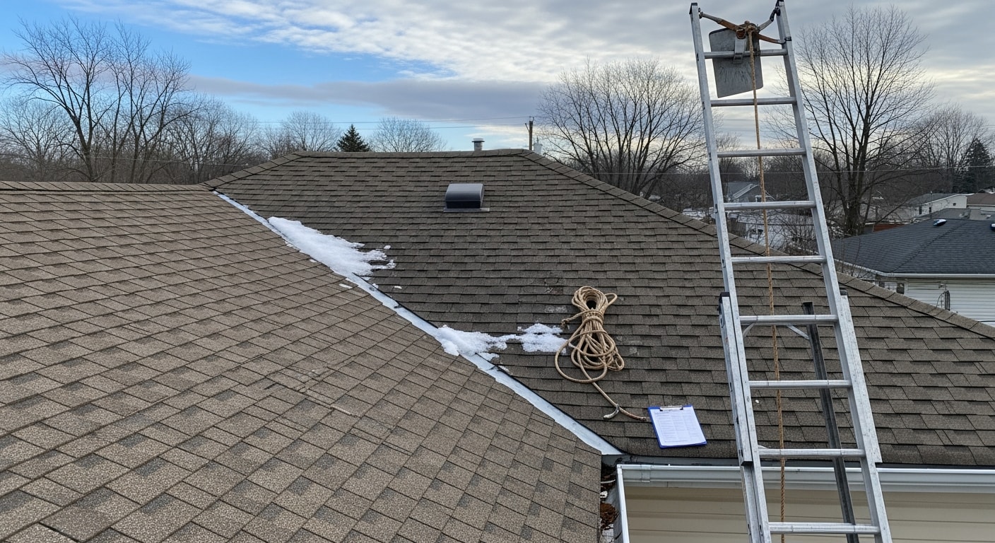A roofing contractor from 2nd Chance Roofing LLC inspecting shingles and flashing on a residential roof in Rome, NY. Close-up view shows worn shingle edges and gutter condition typical of homes in Oneida County after a heavy snow season.