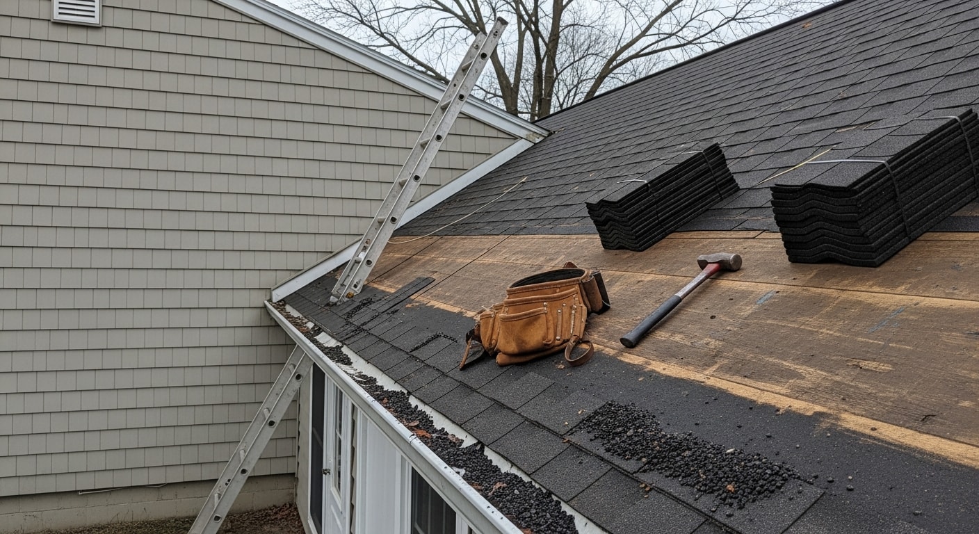 A roofing contractor repairing damaged shingles on a single-family home in Rome, NY. Close-up view shows replaced shingles and sealed flashing on a residential roof after storm damage.