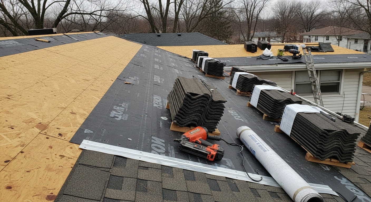 A completed residential roof replacement on a two-story home in Rome, NY, showing new shingles installed over a clean deck with fresh ridge cap and flashing. The home sits in a typical Oneida County neighborhood with mature trees visible in the background.