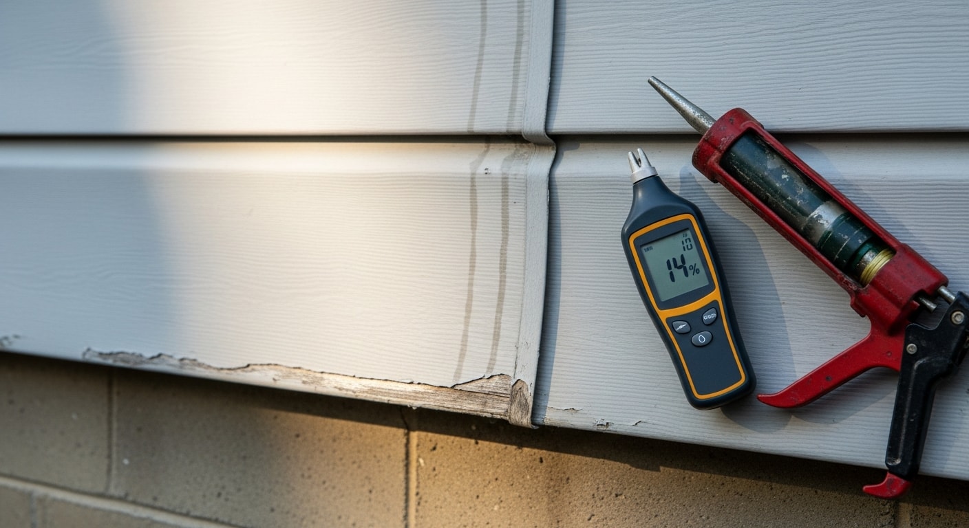 A siding contractor from 2nd Chance Roofing LLC inspecting the exterior panels of an older single-family home in Rome, NY. Close-up view shows the contractor examining a seam near a window frame for cracks and moisture damage.
