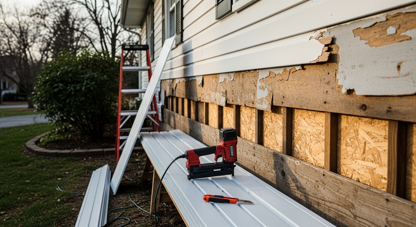 Freshly installed siding on a single-family home in Rome, NY, showing clean panel lines and tight corner trim against a central New York residential streetscape. The completed exterior reflects a full replacement job on a cape-style home typical of the Rome area housing stock.