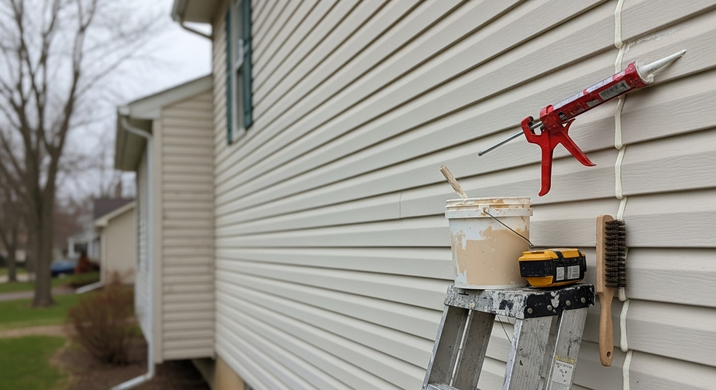 A siding contractor inspecting and resealing exterior wall panels on a residential home in Rome, NY. Close-up view shows repaired siding sections with fresh caulk along panel seams and trim edges.