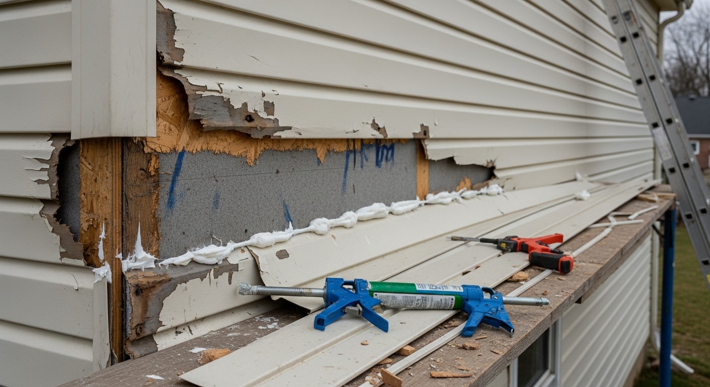 A Rome, NY home exterior showing freshly repaired siding panels with sealed seams and no visible cracking or warping. The repair work covers a section of the wall where freeze-thaw damage had caused panels to buckle and pull away from the surface.