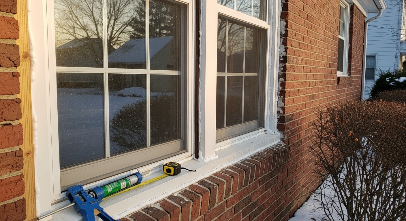 A Rome, NY home with newly installed exterior storm windows fitted over original wood-frame windows. Snow is visible on the ground outside, showing the winter conditions the storm windows are built to handle.