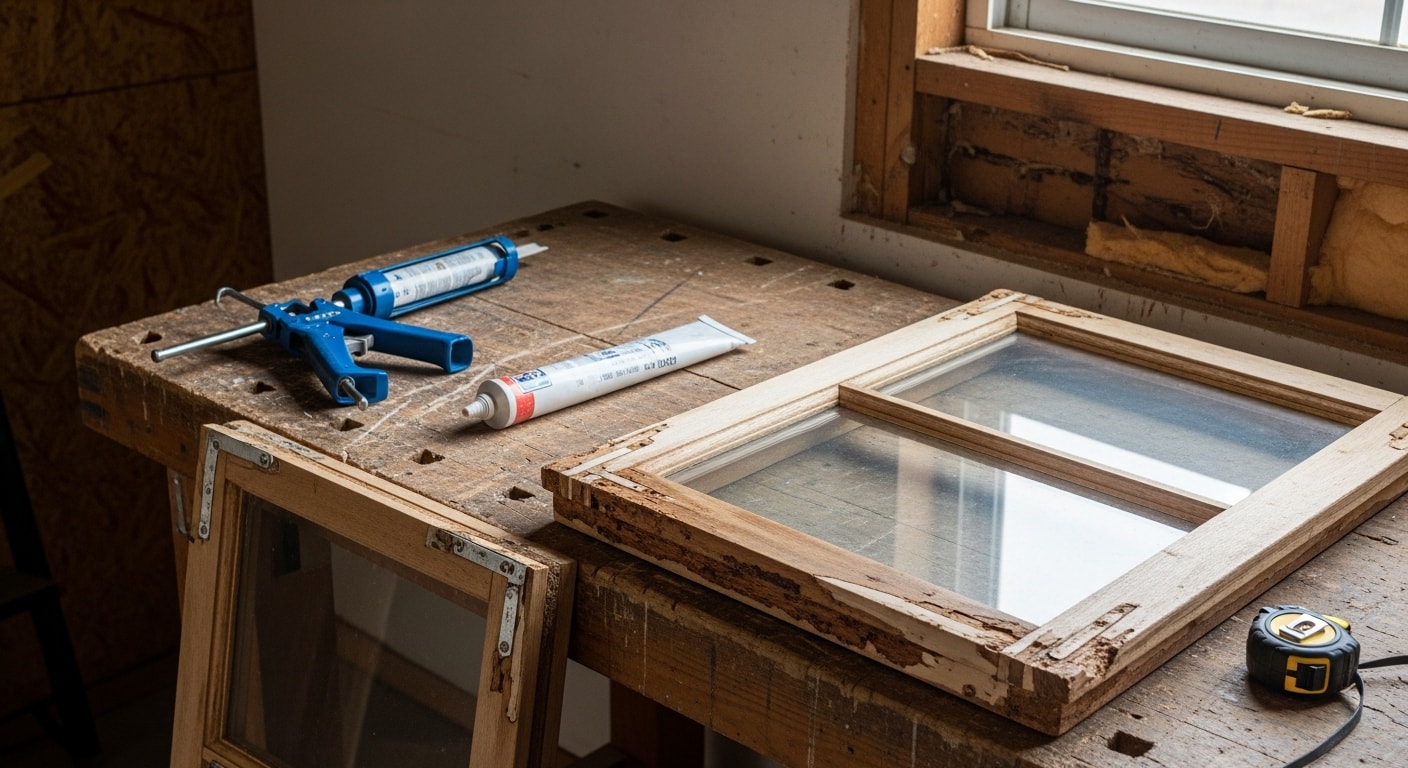 A repaired window frame on an older single-family home in Rome, NY, showing clean wood framing with fresh sealant and no visible rot or gaps. Close-up view of the restored frame edge where it meets the exterior siding.