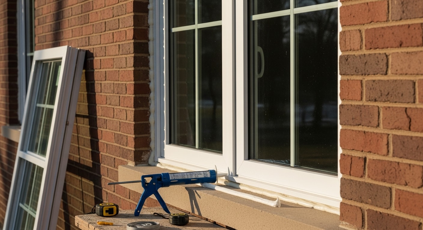 A freshly installed double-hung window on a single-family home in Rome, NY, with clean trim work and a tight frame seal visible from the exterior. Snow is visible on the ground, showing the window installed and weatherproofed for Central New York winter conditions.