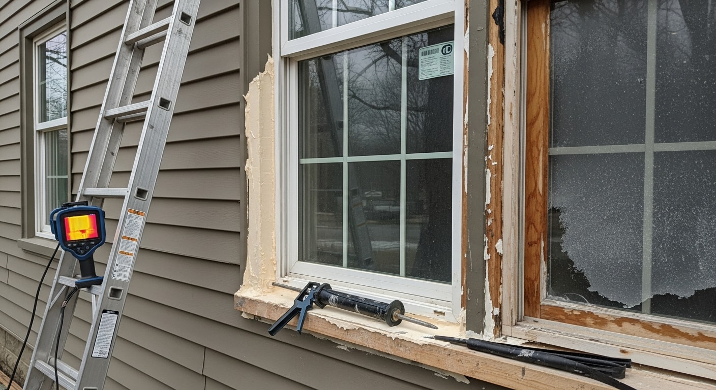 A repaired double-hung window on a residential home in Rome, NY, with a clean frame and clear glass free of fogging or damage. A technician from 2nd Chance Roofing LLC inspects the window seal and sash hardware from the exterior.